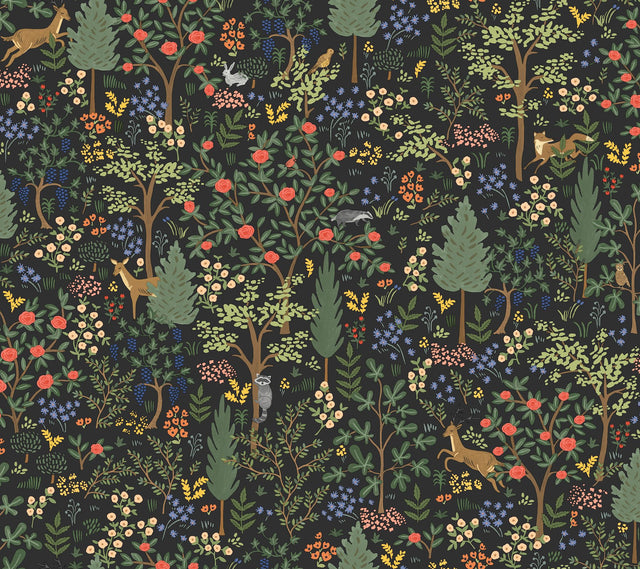 Woodland Black Peel & Stick Wallpaper with Whimsical Animals & Insects Pattern - York PSW1546RL