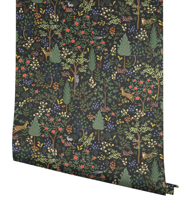 Woodland Black Peel & Stick Wallpaper with Whimsical Animals & Insects Pattern - York PSW1546RL