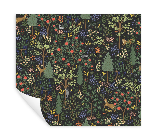 Woodland Black Peel & Stick Wallpaper with Whimsical Animals & Insects Pattern - York PSW1546RL