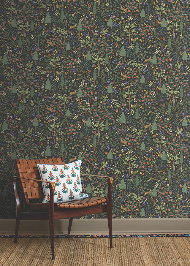 Woodland Black Peel & Stick Wallpaper with Whimsical Animals & Insects Pattern - York PSW1546RL