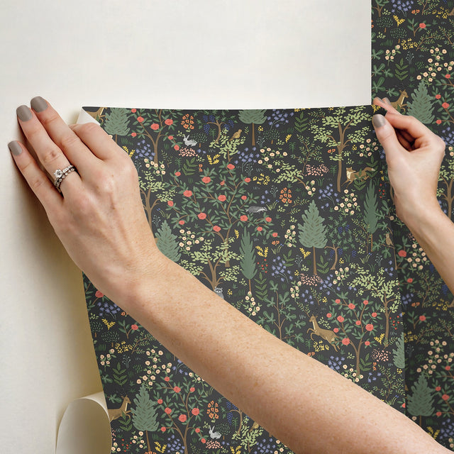 Woodland Black Peel & Stick Wallpaper with Whimsical Animals & Insects Pattern - York PSW1546RL