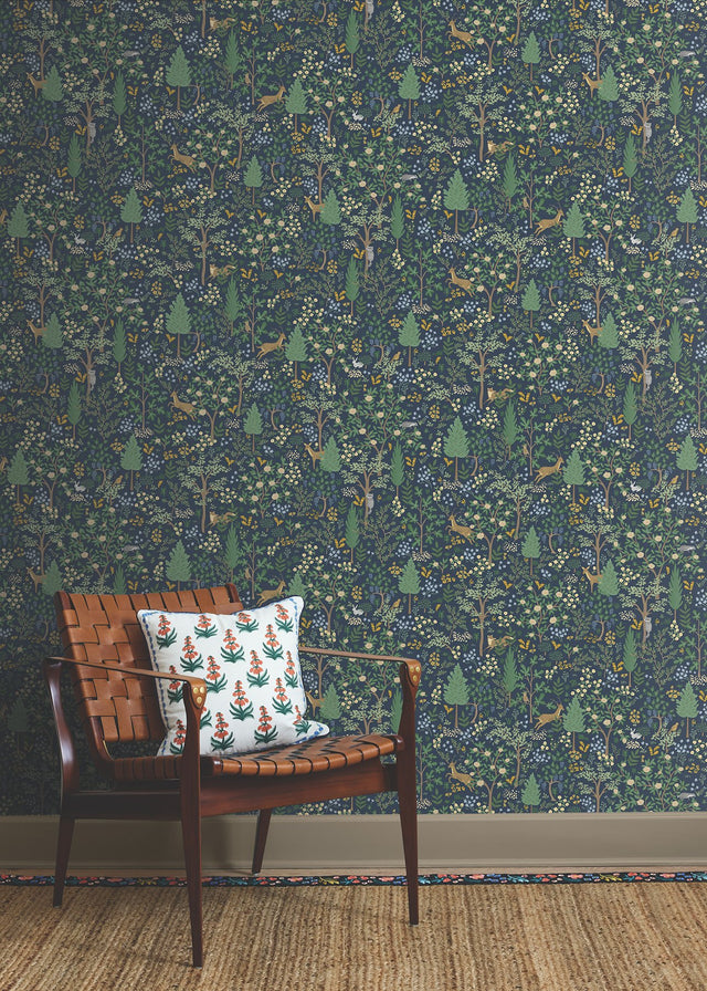 Woodland Navy Peel & Stick Wallpaper with Whimsical Animals & Insects Pattern - York PSW1547RL