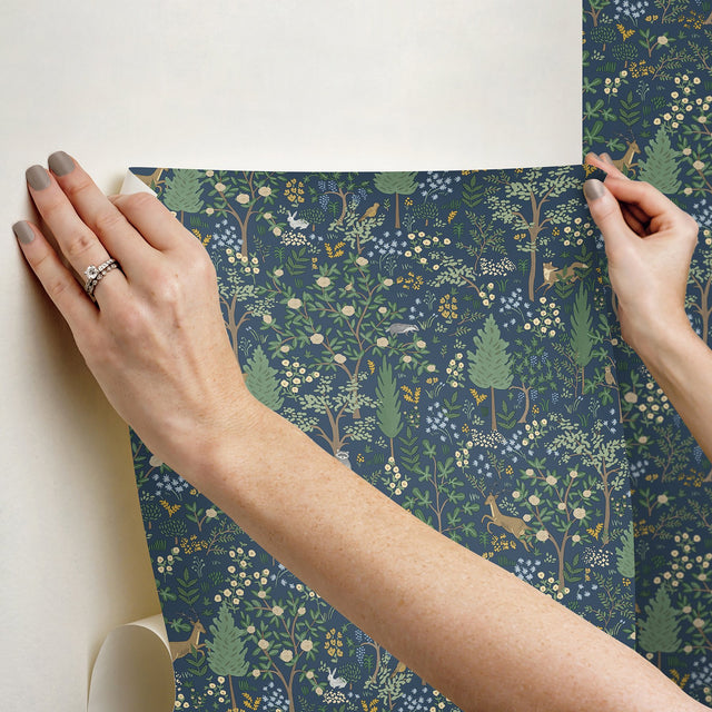 Woodland Navy Peel & Stick Wallpaper with Whimsical Animals & Insects Pattern - York PSW1547RL