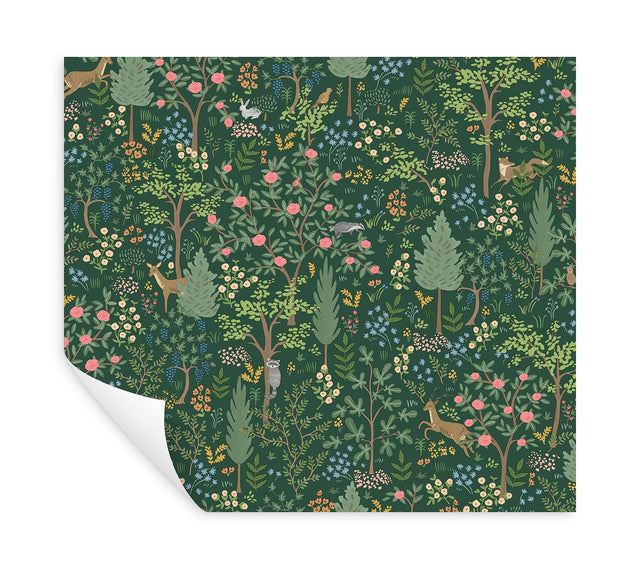 Woodland Emerald Peel & Stick Wallpaper with Whimsical Animals & Insects Pattern - York PSW1548RL