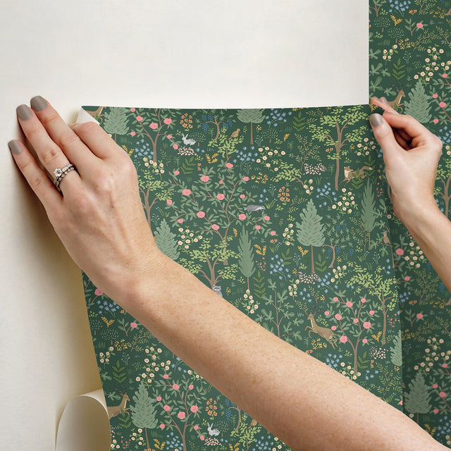 Woodland Emerald Peel & Stick Wallpaper with Whimsical Animals & Insects Pattern - York PSW1548RL