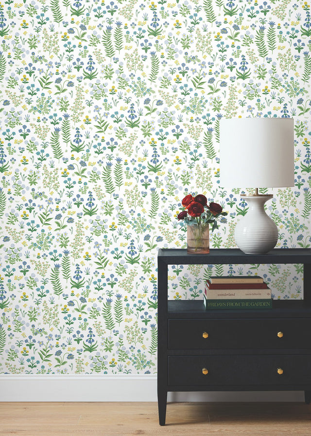 Menagerie Garden Blue Multicolor Peel & Stick Wallpaper with Whimsical Floral Pattern - York PSW1551RL