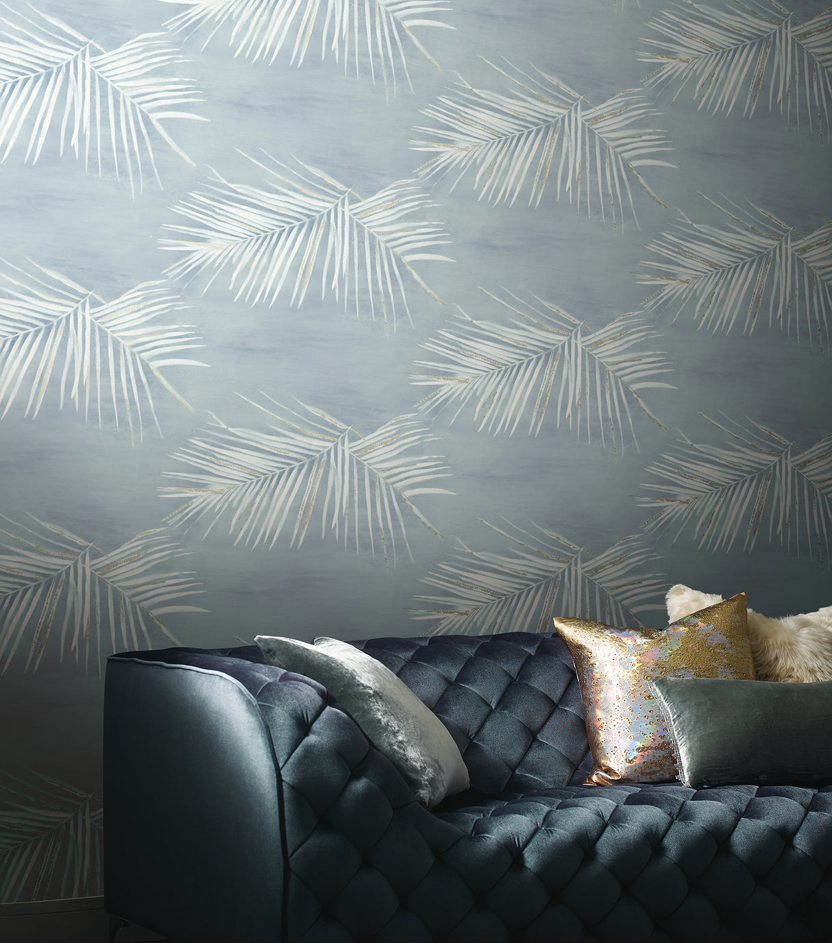 Endless Summer Blue by York Wallcoverings Artisanal Tropical Watercolor Palm Frond with Metallic Gold Accents Peel and Stick Wallpaper - PSW1554RL