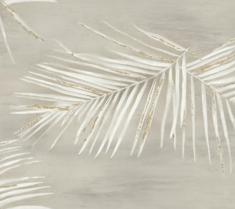 Endless Summer Taupe Peel & Stick Wallpaper by York Wallcoverings - PSW1555RL - Watercolor palm fronds with gold metallic accents on a warm taupe background