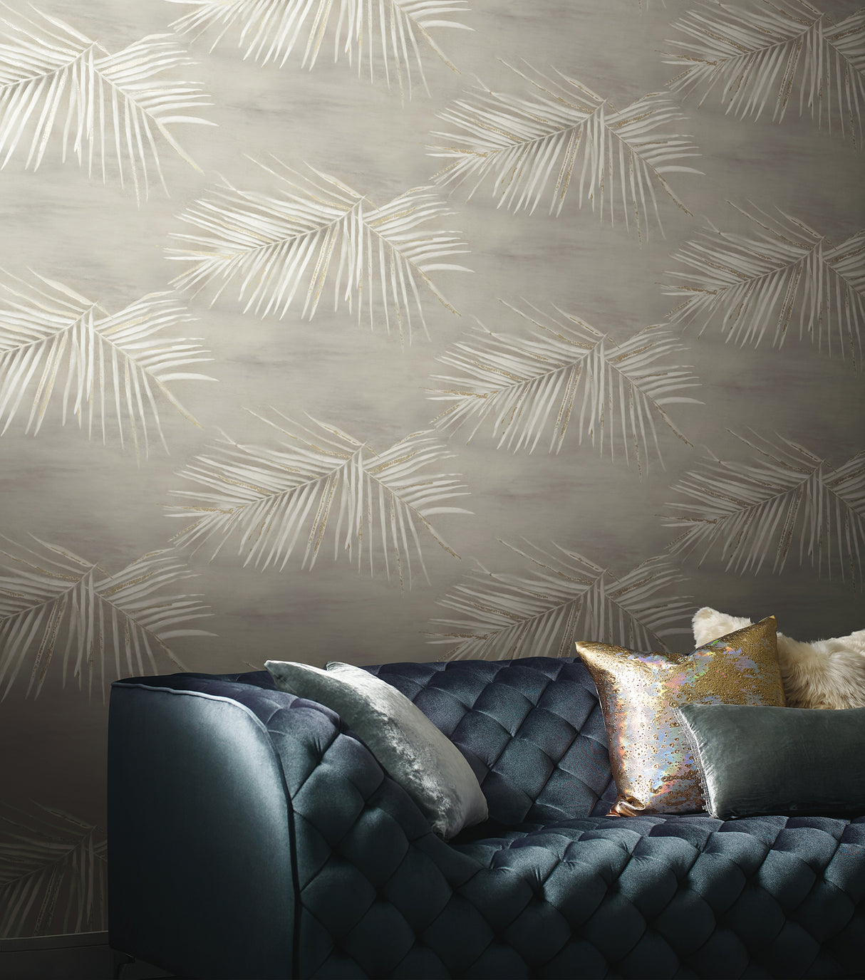 Endless Summer Taupe by York Wallcoverings Aviva Stanoff Collection Tropical Watercolor Palm Frond Metallic Peel & Stick Wallpaper - PSW1555RL