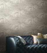 Endless Summer Taupe by York Wallcoverings Aviva Stanoff Collection Tropical Watercolor Palm Frond Metallic Peel & Stick Wallpaper - PSW1555RL