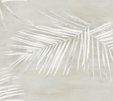 Endless Summer Grey Peel and Stick Wallpaper featuring artisan watercolor palm fronds with silver metallic accents on a storm grey background by York Wallcoverings Aviva Stanoff PSW1556RL