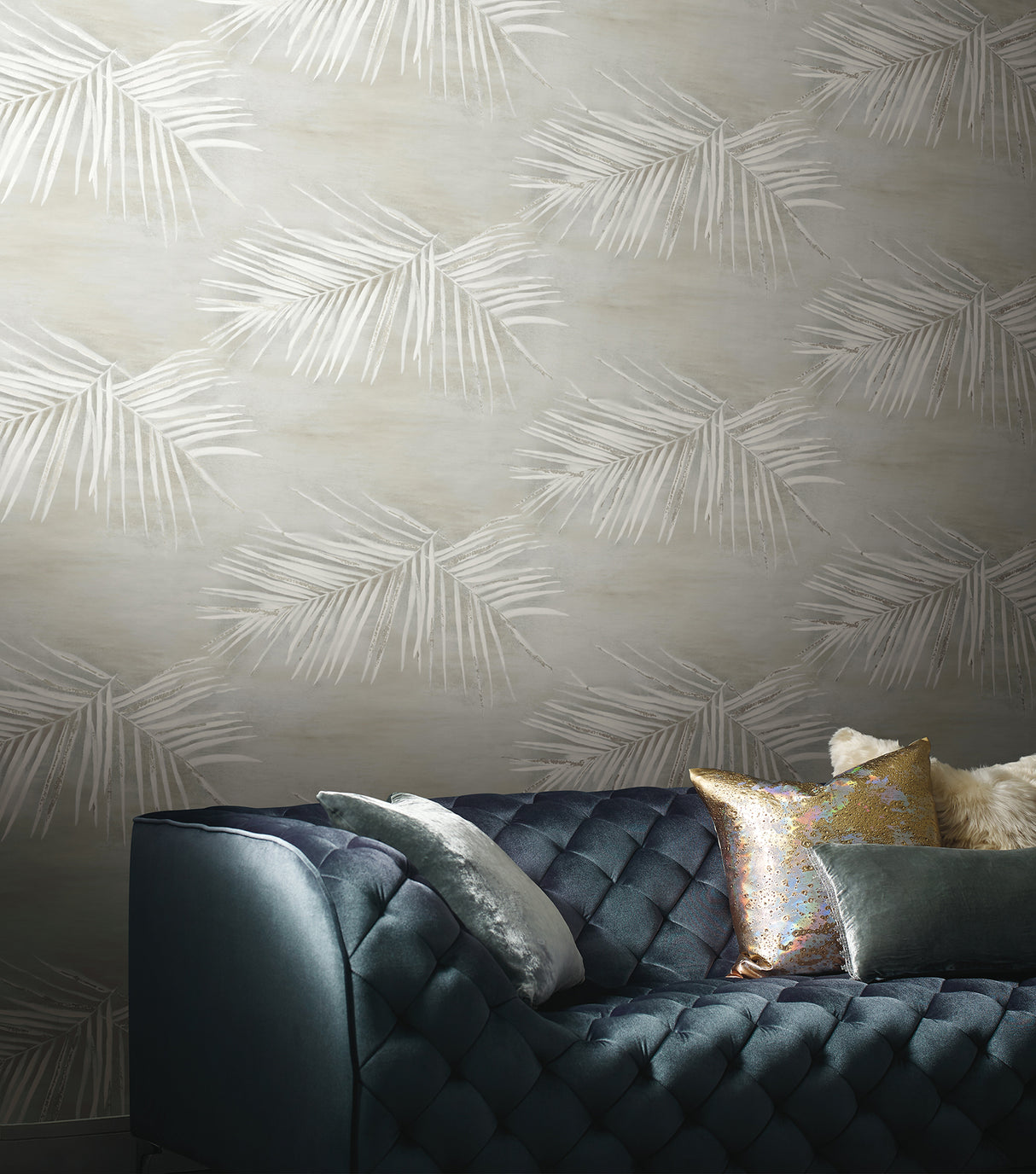 Endless Summer Storm Grey and Silver Metallic Tropical Palm Frond Peel and Stick Wallpaper by York Wallcoverings Aviva Stanoff - PSW1556RL
