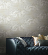 Endless Summer Storm Grey and Silver Metallic Tropical Palm Frond Peel and Stick Wallpaper by York Wallcoverings Aviva Stanoff - PSW1556RL