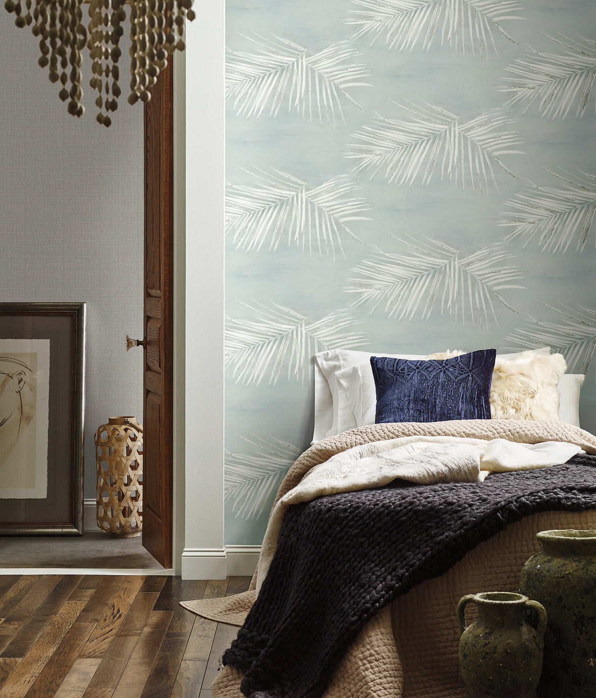 Endless Summer Jade Peel and Stick Non Woven Wallpaper by York Wallcoverings Aviva Stanoff Metallic Tropical Palm Frond - PSW1557RL