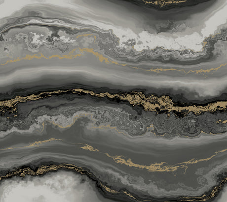 Shifting Sands Onyx Peel & Stick Wallpaper PSW1561RL by York Wallcoverings – black and gold marble waves pattern