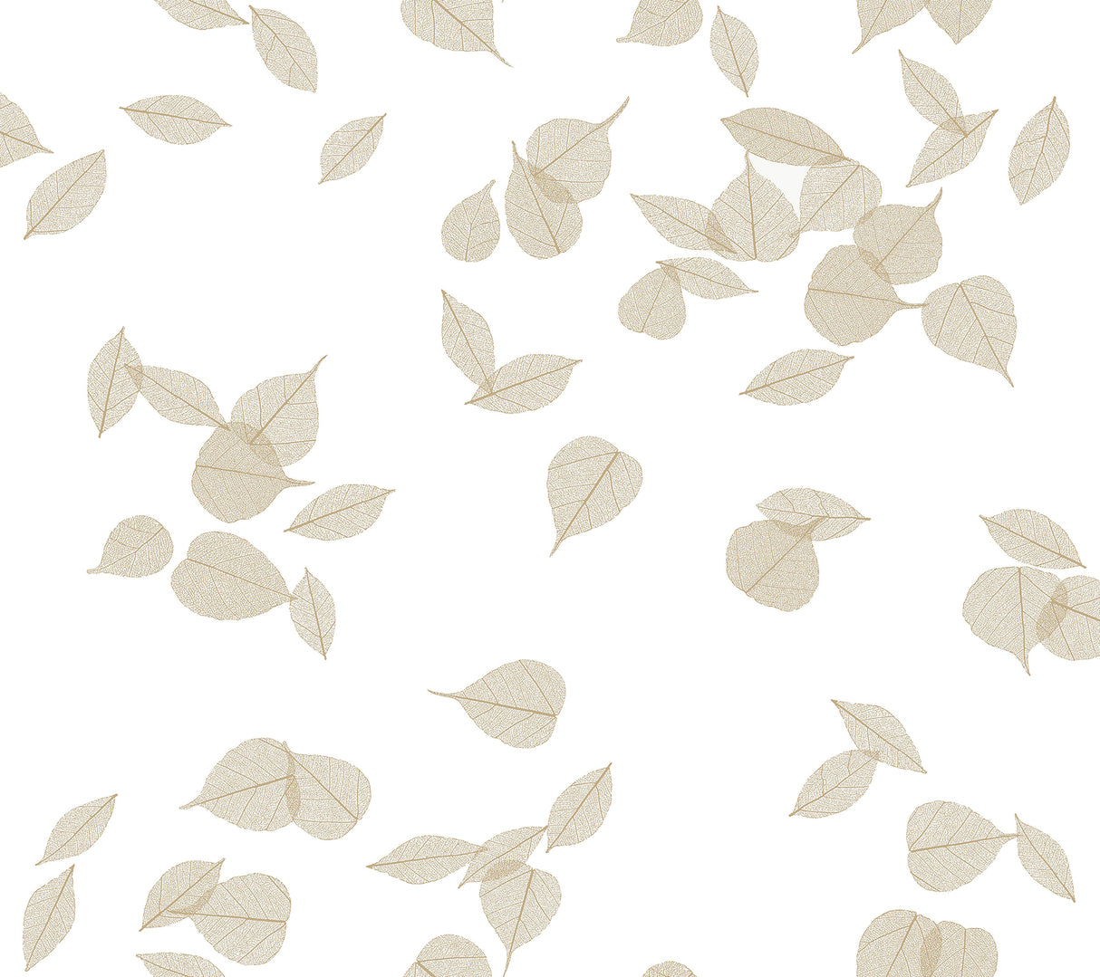 Inner Peace Champagne Peel and Stick Wallpaper by York Wallcoverings featuring a delicate floating toss of metallic Ficus leaves in champagne beige - PSW1563RL
