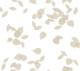 Inner Peace Champagne Peel and Stick Wallpaper by York Wallcoverings featuring a delicate floating toss of metallic Ficus leaves in champagne beige - PSW1563RL