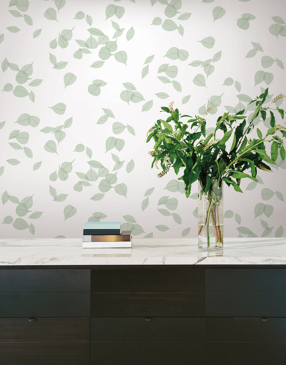 Inner Peace Sage Floating Botanical Ficus Leaf Peel & Stick Non Woven Wallpaper by York Wallcoverings Aviva Stanoff - PSW1564RL