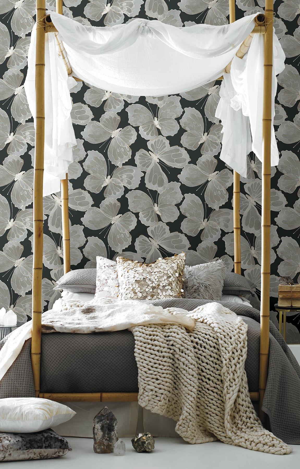 Monarch Onyx by York Wallcoverings Aviva Stanoff Large-Scale Metallic Butterfly Non Woven Peel and Stick Wallpaper 27in x 20ft - PSW1565RL