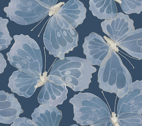 Monarch Pewter Peel and Stick Wallpaper by York Wallcoverings featuring large-scale butterflies in blue and pewter metallic tones - PSW1566RL