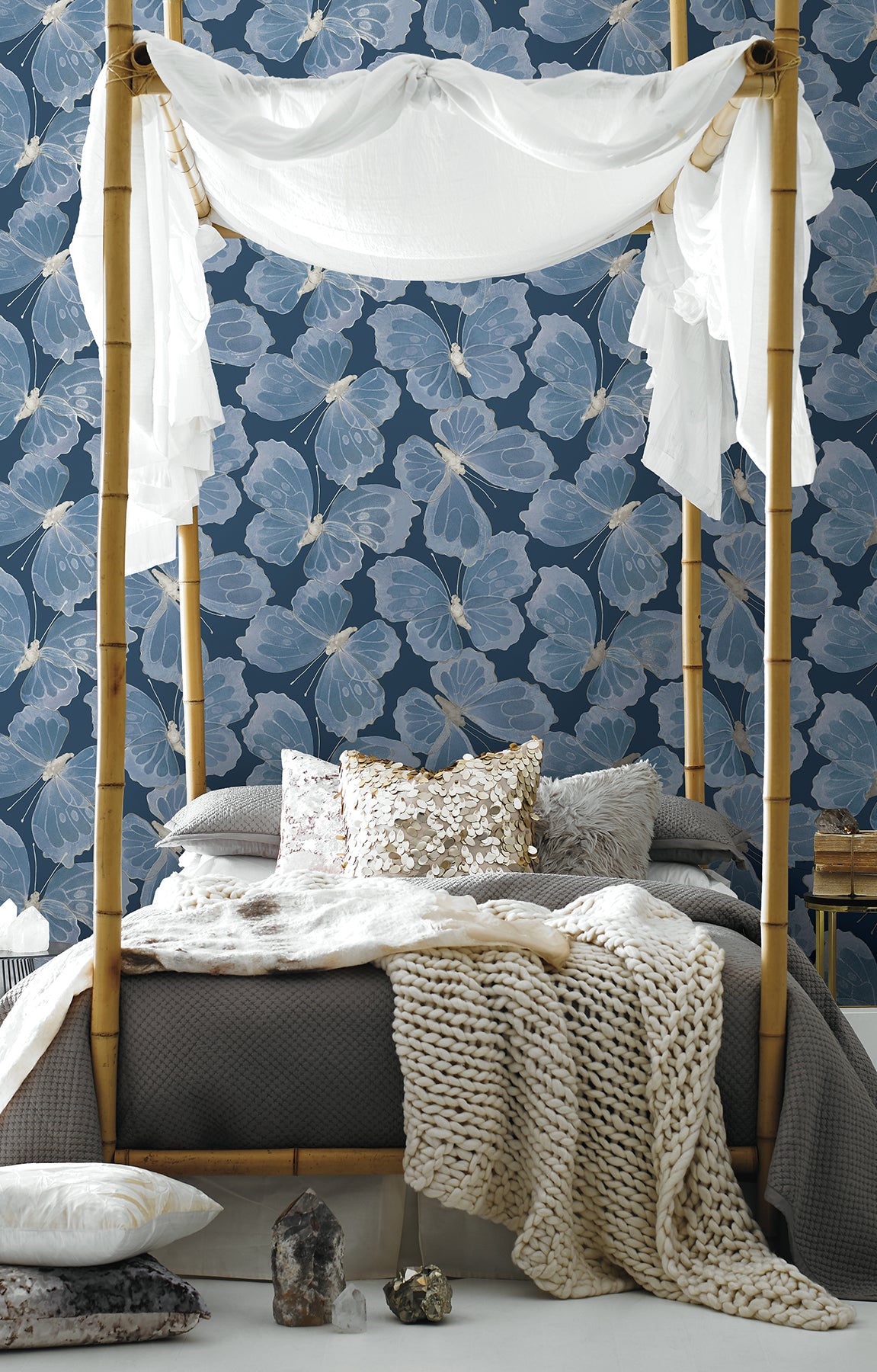 Monarch Pewter by York Wallcoverings Large-Scale Metallic Butterfly Peel and Stick Non Woven Wallpaper Aviva Stanoff - PSW1566RL