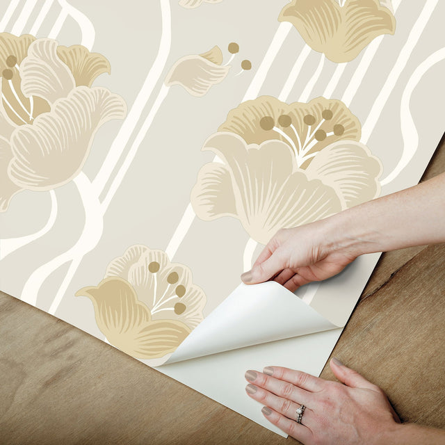 Shirley Neutral Deco Floral Peel & Stick Wallpaper with Metallic Whimsical Floral Pattern - York PSW1568RL