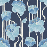 Shirley Blue Deco Floral Peel & Stick Wallpaper with Whimsical Metallic Floral Pattern - York PSW1569RL