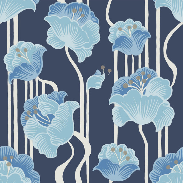 Shirley Blue Deco Floral Peel & Stick Wallpaper with Whimsical Metallic Floral Pattern - York PSW1569RL