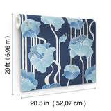 Shirley Blue Deco Floral Peel & Stick Wallpaper with Whimsical Metallic Floral Pattern - York PSW1569RL