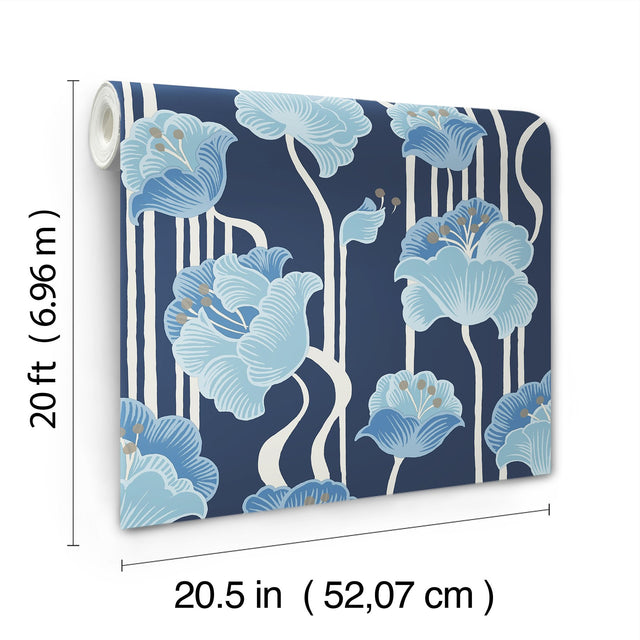 Shirley Blue Deco Floral Peel & Stick Wallpaper with Whimsical Metallic Floral Pattern - York PSW1569RL