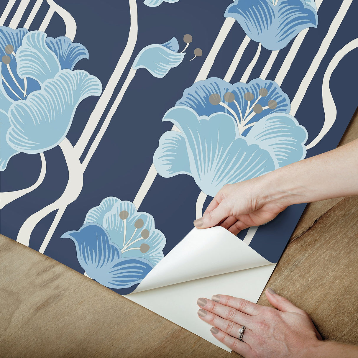 Shirley Blue Deco Floral Peel & Stick Wallpaper with Whimsical Metallic Floral Pattern - York PSW1569RL