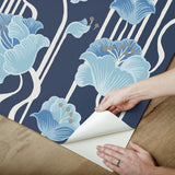 Shirley Blue Deco Floral Peel & Stick Wallpaper with Whimsical Metallic Floral Pattern - York PSW1569RL