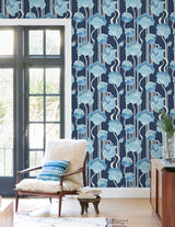 Shirley Blue Deco Floral Peel & Stick Wallpaper with Whimsical Metallic Floral Pattern - York PSW1569RL