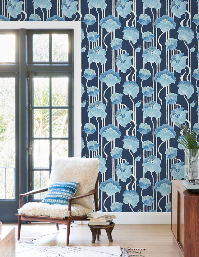 Shirley Blue Deco Floral Peel & Stick Wallpaper with Whimsical Metallic Floral Pattern - York PSW1569RL