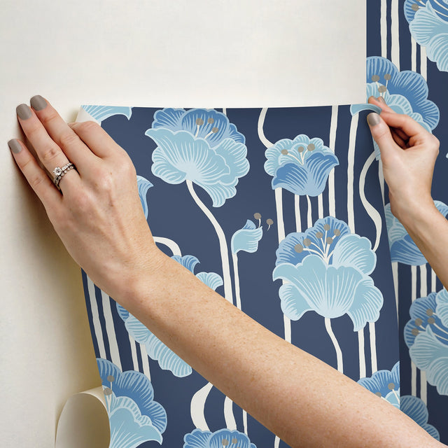 Shirley Blue Deco Floral Peel & Stick Wallpaper with Whimsical Metallic Floral Pattern - York PSW1569RL
