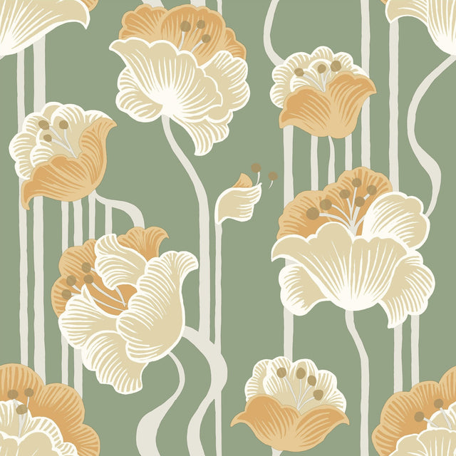 Shirley Green Deco Floral Peel & Stick Wallpaper with Whimsical Metallic Floral Motif - York PSW1570RL