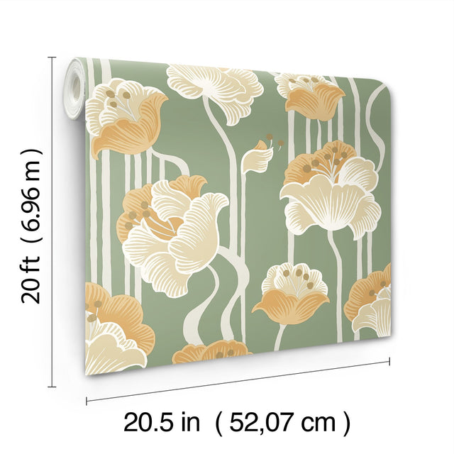 Shirley Green Deco Floral Peel & Stick Wallpaper with Whimsical Metallic Floral Motif - York PSW1570RL