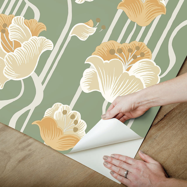Shirley Green Deco Floral Peel & Stick Wallpaper with Whimsical Metallic Floral Motif - York PSW1570RL