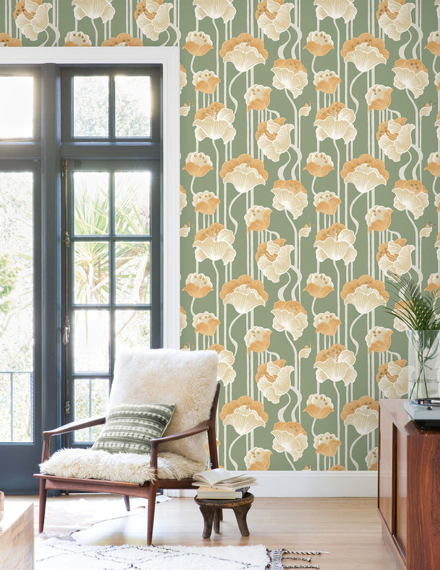 Shirley Green Deco Floral Peel & Stick Wallpaper with Whimsical Metallic Floral Motif - York PSW1570RL