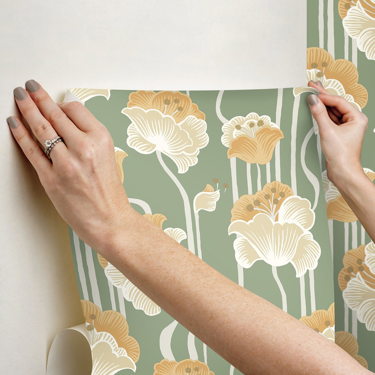 Shirley Green Deco Floral Peel & Stick Wallpaper with Whimsical Metallic Floral Motif - York PSW1570RL