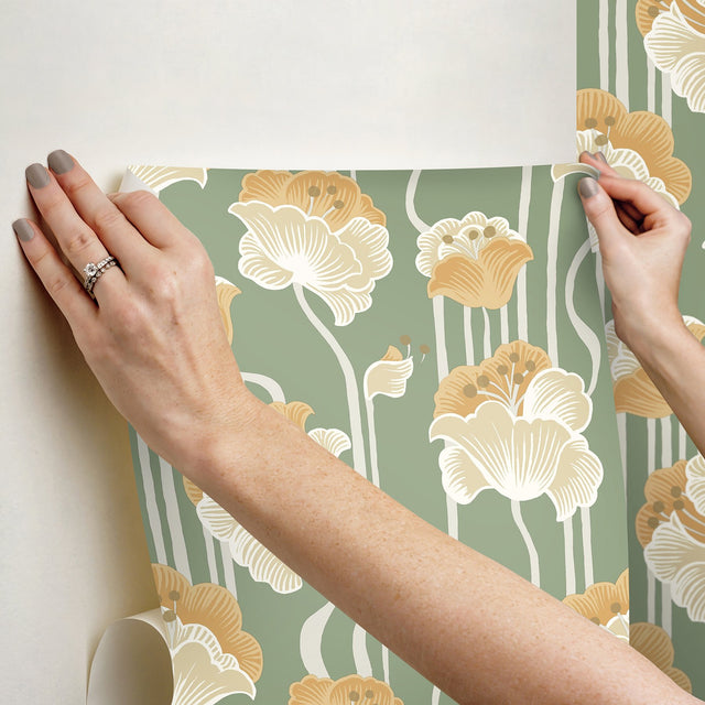Shirley Green Deco Floral Peel & Stick Wallpaper with Whimsical Metallic Floral Motif - York PSW1570RL