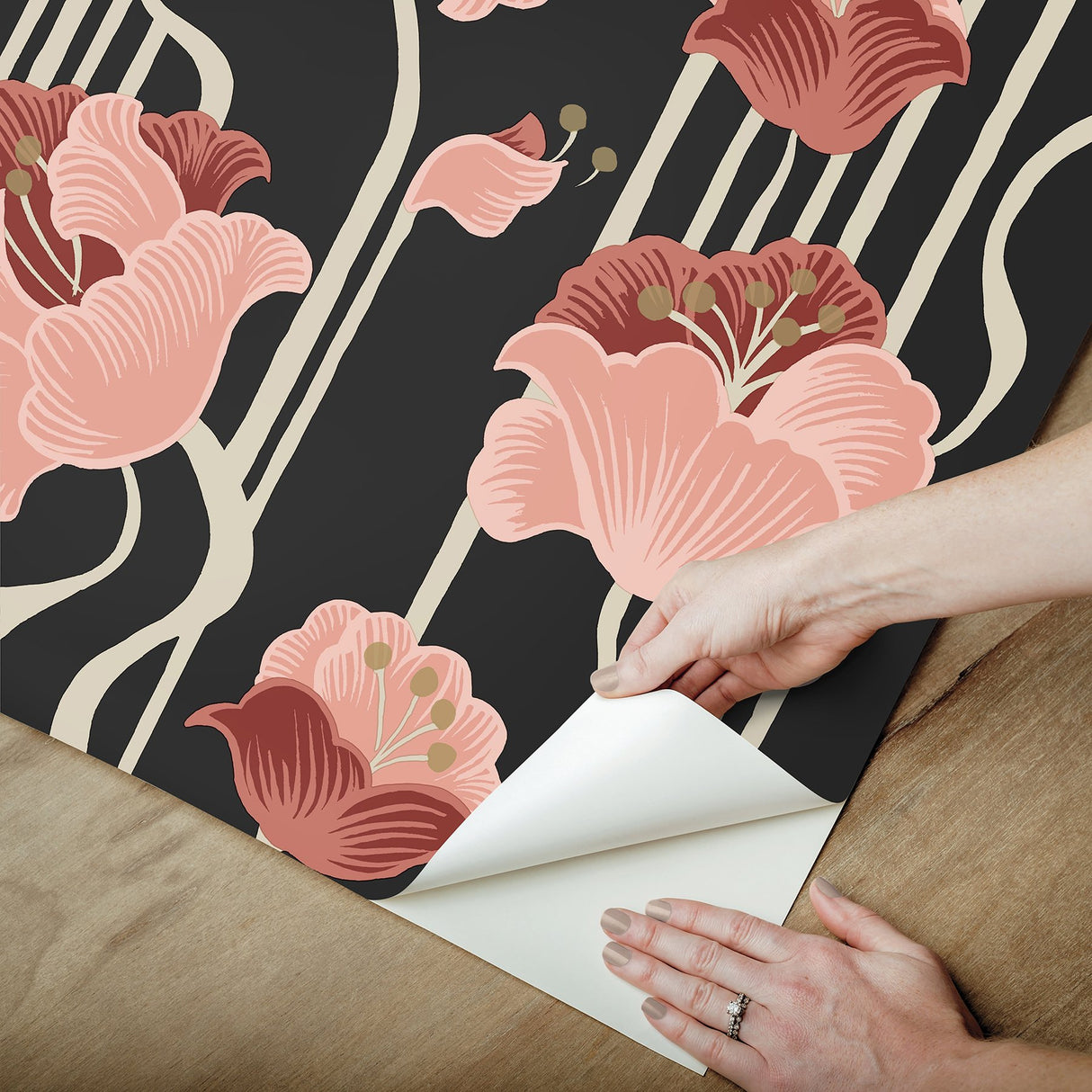 Shirley Deco Floral Coral Peel & Stick Wallpaper with Whimsical Metallic Finish - York PSW1571RL