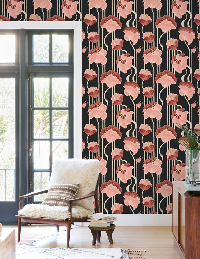 Shirley Deco Floral Coral Peel & Stick Wallpaper with Whimsical Metallic Finish - York PSW1571RL