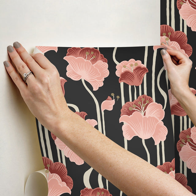 Shirley Deco Floral Coral Peel & Stick Wallpaper with Whimsical Metallic Finish - York PSW1571RL