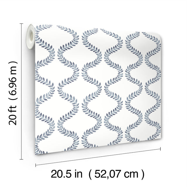 Florentine Blue Vine Trellis Peel & Stick Wallpaper with Botanical Ogee Pattern - York PSW1573RL