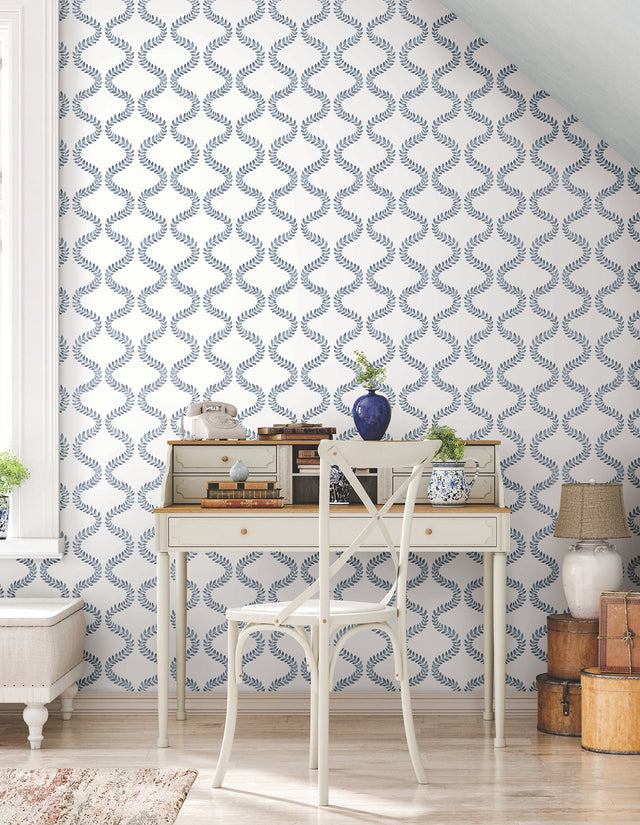 Florentine Blue Vine Trellis Peel & Stick Wallpaper with Botanical Ogee Pattern - York PSW1573RL