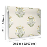 Sophie Sage Floral Medallion Peel & Stick Wallpaper with Farmhouse Floral Motif - York PSW1575RL