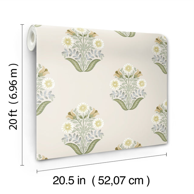 Sophie Sage Floral Medallion Peel & Stick Wallpaper with Farmhouse Floral Motif - York PSW1575RL
