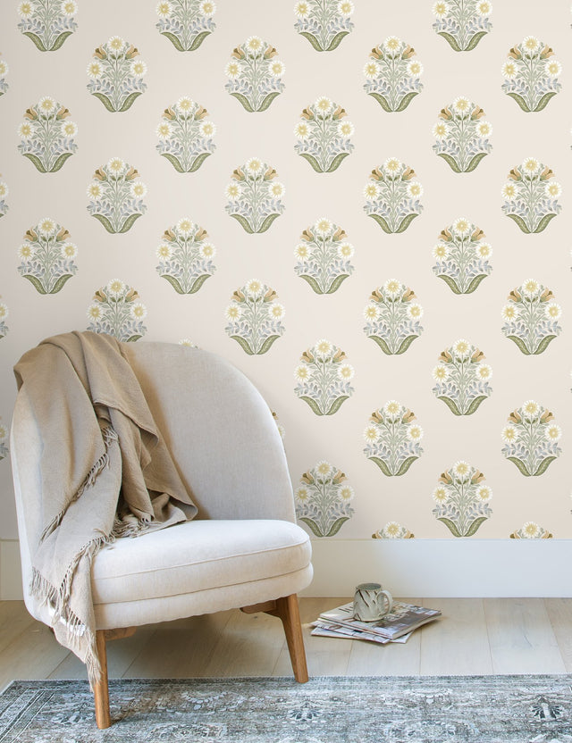 Sophie Sage Floral Medallion Peel & Stick Wallpaper with Farmhouse Floral Motif - York PSW1575RL