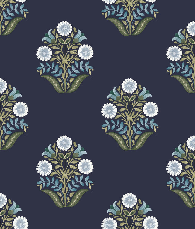 Sophie Navy Floral Medallion Peel & Stick Wallpaper with Farmhouse Botanical Motif - York PSW1576RL